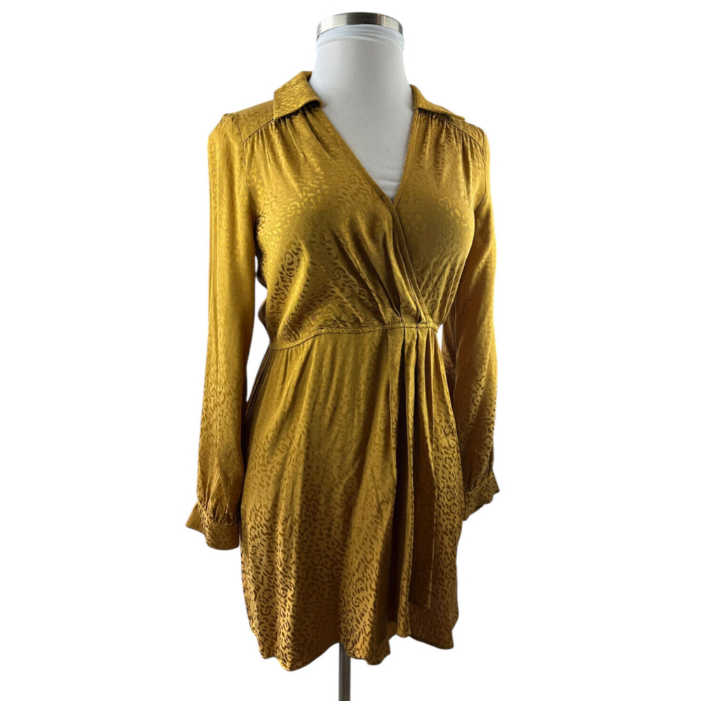 Anthropologie Long Sleeve Mini Dress Bronze Leopard Print Faux Wrap Size Small - Picture 3 of 16